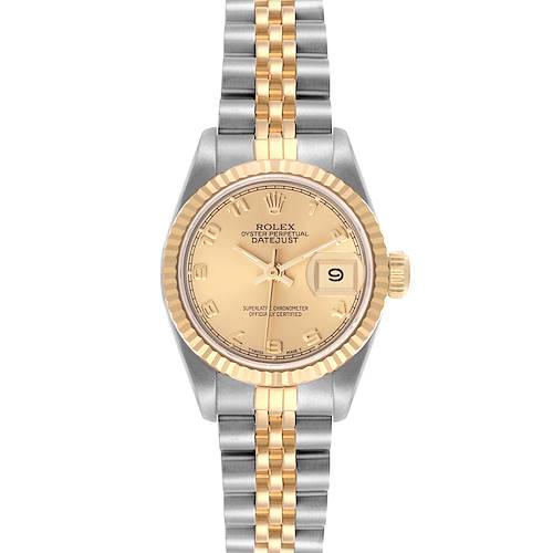 The Rolex Datejust 69173 Women's Steel and Gold (two tone) Champagne Dial 69173 Women's Steel and Gold (two tone) Champagne Dial is shown from the front, displaying the dial, bezel, crown, and Jubilee bracelet.