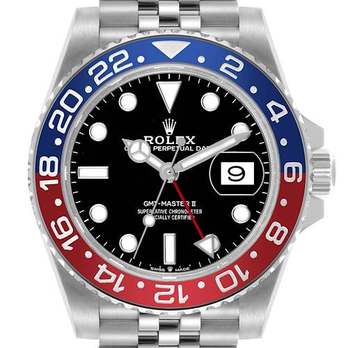 The Rolex GMT-Master 126710BLRO Men's Stainless Steel Black Dial 126710BLRO Men's Stainless Steel Black Dial II watch is shown from a top view, displaying the bezel, dial, hands, date, and part of the bracelet.