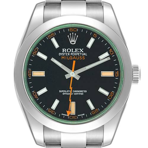 The Rolex Milgauss 116400GV Men's Stainless Steel Black Dial 116400GV Men's Stainless Steel Black Dial watch is shown from a top-down angle, highlighting the dial, hands, markers, and part of the bracelet.
