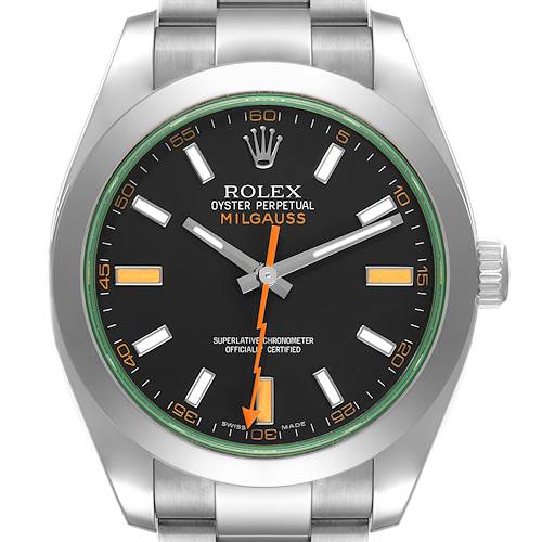 The image shows a front view of the Rolex Milgauss 116400V Men's Stainless Steel Black Dial 116400V Men's Stainless Steel Black Dial watch, displaying its face, hands, indices, and part of the bracelet.