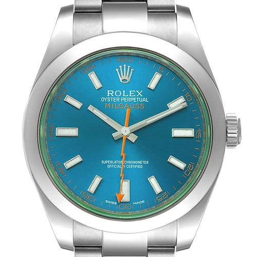 The image shows a front view of the Rolex Milgauss 116400GV Men's Stainless Steel Blue Dial 116400GV Men's Stainless Steel Blue Dial watch, highlighting its dial, hands, and bezel.