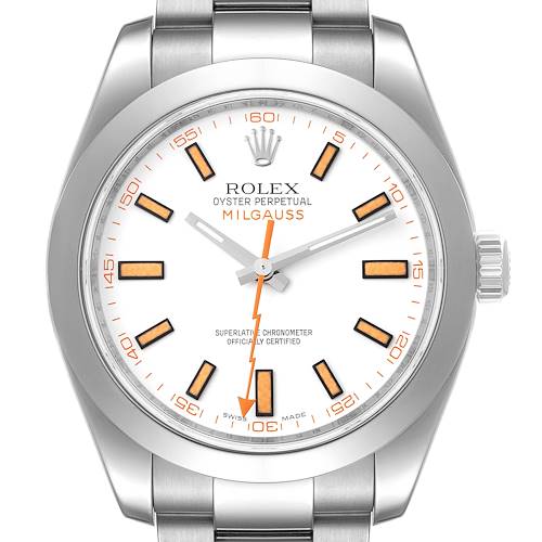 This image shows a front view of the Rolex Milgauss 116400V Men's Stainless Steel White Dial 116400V Men's Stainless Steel White Dial watch featuring its dial, bezel, and part of the bracelet.
