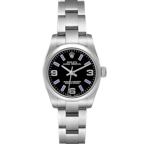 The Rolex Oyster Perpetual 176200 Women's Stainless Steel Black Dial 176200 Women's Stainless Steel Black Dial watch is shown from a frontal angle, displaying its dial, bezel, case, crown, and bracelet.