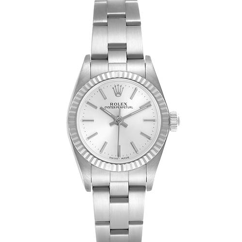 The Rolex Oyster Perpetual 76094 Women's Stainless Steel Silver Dial 76094 Women's Stainless Steel Silver Dial watch is shown from a top-down angle, displaying the dial, bezel, crown, and bracelet.