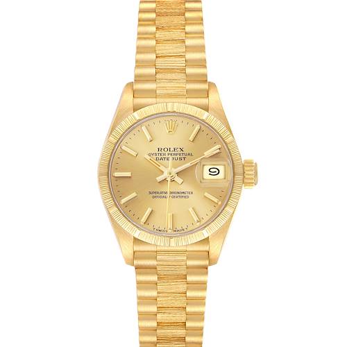 The Rolex President 69278 Women's Yellow Gold Champagne Dial 69278 Women's Yellow Gold Champagne Dial model is shown from a front angle, highlighting the gold case, dial, fluted bezel, and President bracelet.