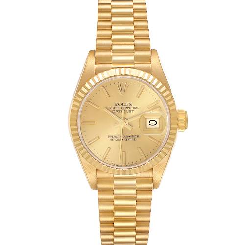 The Rolex President 69178 Women's Yellow Gold Champagne Dial 69178 Women's Yellow Gold Champagne Dial model is shown from a top-down angle, displaying its gold dial, fluted bezel, and President bracelet.