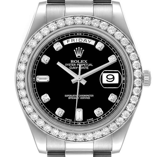 The image shows a Rolex President 218349 Men's White Gold Black Dial 218349 Men's White Gold Black Dial model watch from a front angle, featuring a black dial, diamond bezel, and day and date displays.