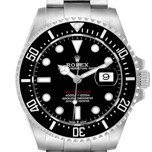 The Rolex Sea-Dweller 126600 Men's Stainless Steel Black Dial 126600 Men's Stainless Steel Black Dial is shown from a frontal angle, displaying the dial, bezel, case, and part of the bracelet.