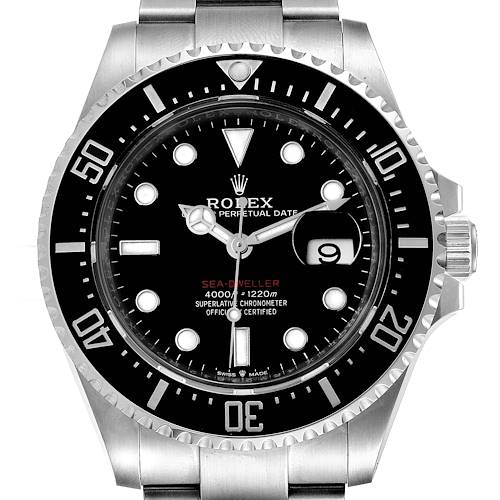 The image shows a front view of the Rolex Sea-Dweller 126600 Men's Stainless Steel Black Dial 126600 Men's Stainless Steel Black Dial watch, highlighting the bezel, dial, and bracelet.