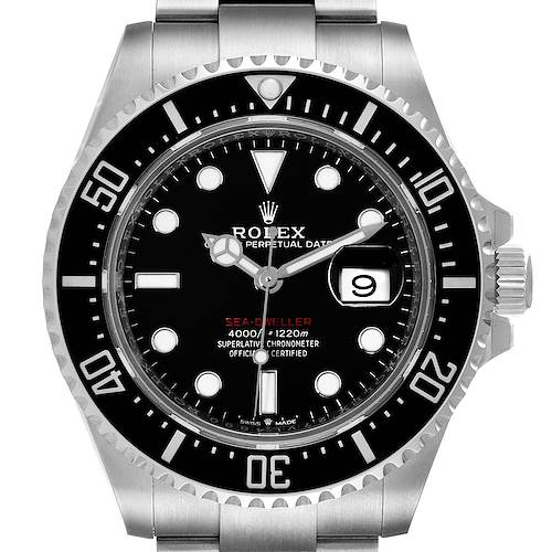 The image shows a front view of the Rolex Sea-Dweller 126600 Men's Stainless Steel Black Dial 126600 Men's Stainless Steel Black Dial watch, displaying the dial, bezel, and date window.