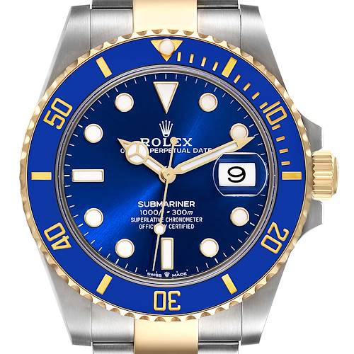 The image shows a frontal view of the Rolex Submariner 126613 Men's Steel and Gold (two tone) Blue Dial 126613 Men's Steel and Gold (two tone) Blue Dial watch, highlighting the blue dial, bezel, and date window.