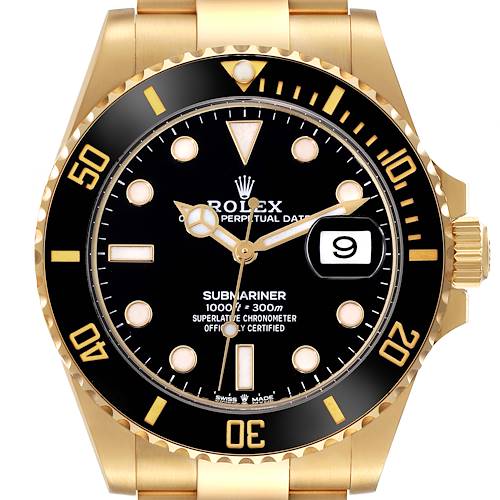 The image shows a front view of the Rolex Submariner 126618 Men's Yellow Gold Black Dial 126618 Men's Yellow Gold Black Dial, highlighting the black dial, gold bezel, and date display at 3 o'clock.