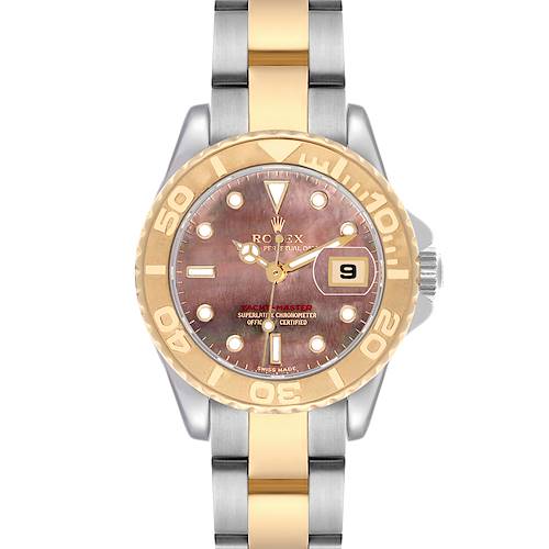 The Rolex Yacht-Master 169623 Women's Steel and Gold (two tone) Mother of Pearl Dial 169623 Women's Steel and Gold (two tone) Mother of Pearl Dial watch is shown from a top-down angle, displaying the face, bezel, and bracelet.