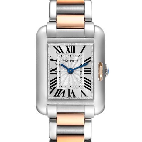 This image shows a front view of the Cartier Tank Anglaise W5310036 Women's Steel and Gold (two tone) Silver Dial W5310036 Women's Steel and Gold (two tone) Silver Dial watch, highlighting its rectangular dial and two-tone metal bracelet.