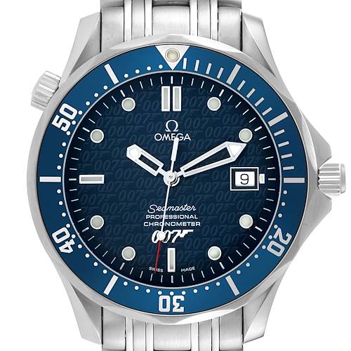 The image shows a frontal view of the Omega Seamaster 2537.80.00 Men's Stainless Steel Blue Dial 2537.80.00 Men's Stainless Steel Blue Dial watch, displaying its dial, bezel, crown, and part of the bracelet.
