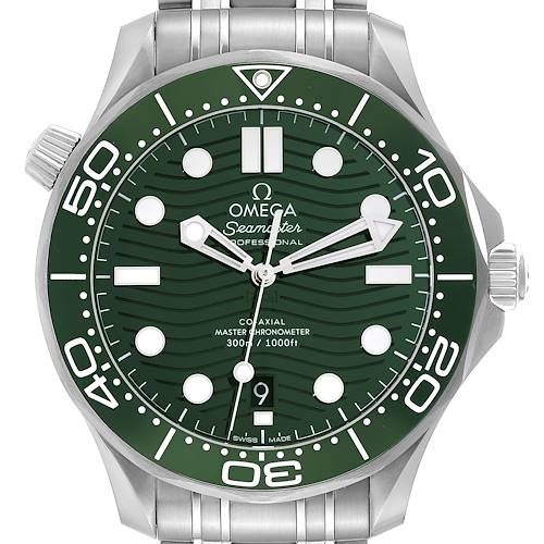 This image shows a front view of an Omega Seamaster 210.30.42.20.10.001 Men's Stainless Steel Green Dial 210.30.42.20.10.001 Men's Stainless Steel Green Dial watch with a green dial and stainless steel bracelet.
