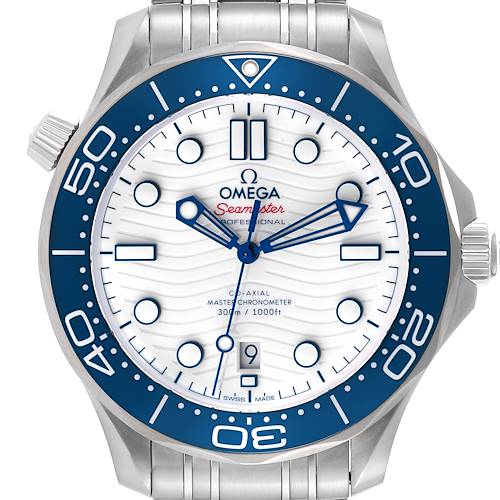 The image shows a front view of the Omega Seamaster 522.30.42.20.04.001 Men's Stainless Steel White Dial 522.30.42.20.04.001 Men's Stainless Steel White Dial watch, highlighting its white dial, blue bezel, and stainless steel bracelet.