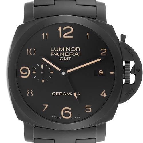 This image shows a frontal view of a Panerai Luminor PAM00438 Men's Ceramic Black Dial PAM00438 Men's Ceramic Black Dial GMT Ceramica watch, highlighting its dial, crown guard, and bracelet.