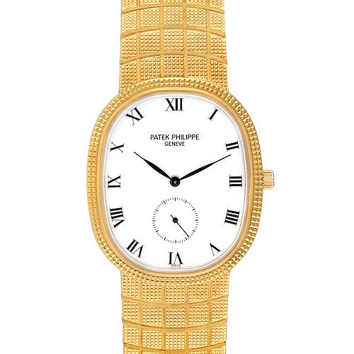 The image shows a front view of a Patek Philippe Golden Ellipse 3987/10J Women's Yellow Gold White Dial 3987/10J Women's Yellow Gold White Dial watch, highlighting its gold case, dial, and patterned bracelet.