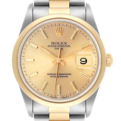 The image shows a front view of a Rolex Date 15203 Men's Steel and Gold (two tone) Champagne Dial 15203 Men's Steel and Gold (two tone) Champagne Dial watch, highlighting the gold bezel, dial, hands, and date window at 3 o'clock.