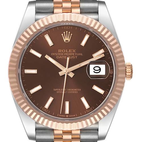 The image shows a frontal view of the Rolex Datejust 41 126331 Men's Steel and Gold (two tone) Brown Dial 126331 Men's Steel and Gold (two tone) Brown Dial watch, highlighting the brown dial, fluted bezel, and date display.