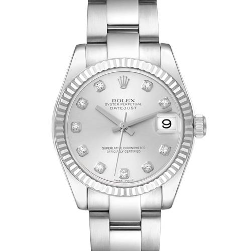 This image shows a front view of the Rolex Mid-Size 178274 Women's Stainless Steel Silver Dial 178274 Women's Stainless Steel Silver Dial Oyster Perpetual Datejust watch, displaying its dial, bezel, crown, and part of the bracelet.