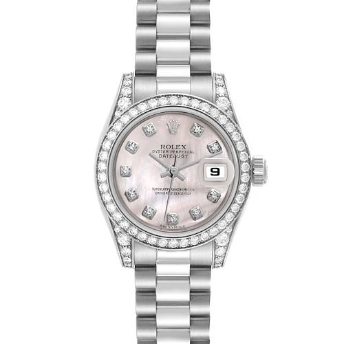 The image shows a front view of a Rolex President 179159 Women's White Gold Mother of Pearl Dial 179159 Women's White Gold Mother of Pearl Dial model watch, featuring a diamond bezel and bracelet.
