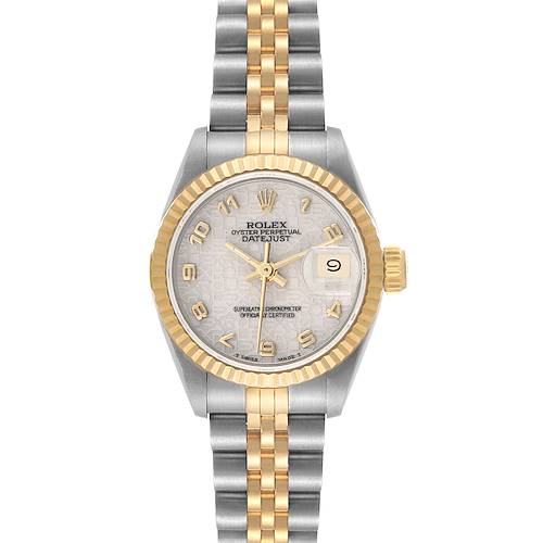 The image shows a frontal view of the Rolex Datejust 69173 Women's Steel and Gold (two tone) Beige Dial 69173 Women's Steel and Gold (two tone) Beige Dial watch, highlighting its two-tone bracelet, dial, and fluted bezel.