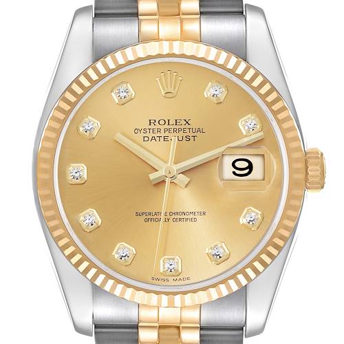This is a close-up of the Rolex Datejust 116233 Men's Steel and Gold (two tone) Champagne Dial 116233 Men's Steel and Gold (two tone) Champagne Dial watch face, showing the dial, hands, date window, and part of the two-tone bracelet.