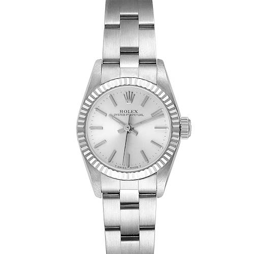 This image shows a front view of a Rolex Oyster Perpetual 67194 Women's Stainless Steel Silver Dial 67194 Women's Stainless Steel Silver Dial watch, including its dial, bezel, and bracelet.
