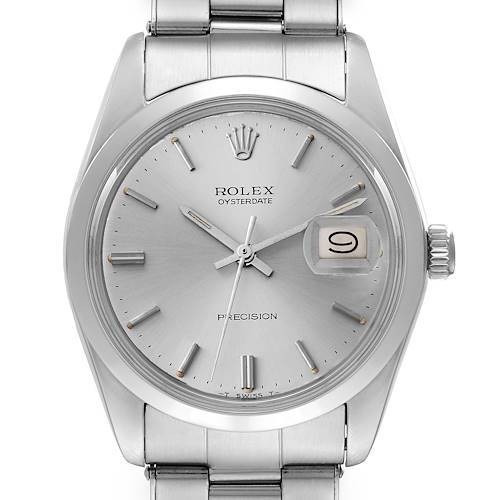 The image shows a front view of the Rolex Vintage Collection 6694 Men's Stainless Steel Silver Dial 6694 Men's Stainless Steel Silver Dial Oysterdate watch, featuring its dial, hands, date display, and part of the bracelet.