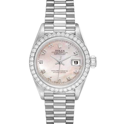 The Rolex President 69136 Women's Platinum Mother of Pearl Dial 69136 Women's Platinum Mother of Pearl Dial model watch is shown from a front angle, displaying the dial, bezel, case, and part of the band.