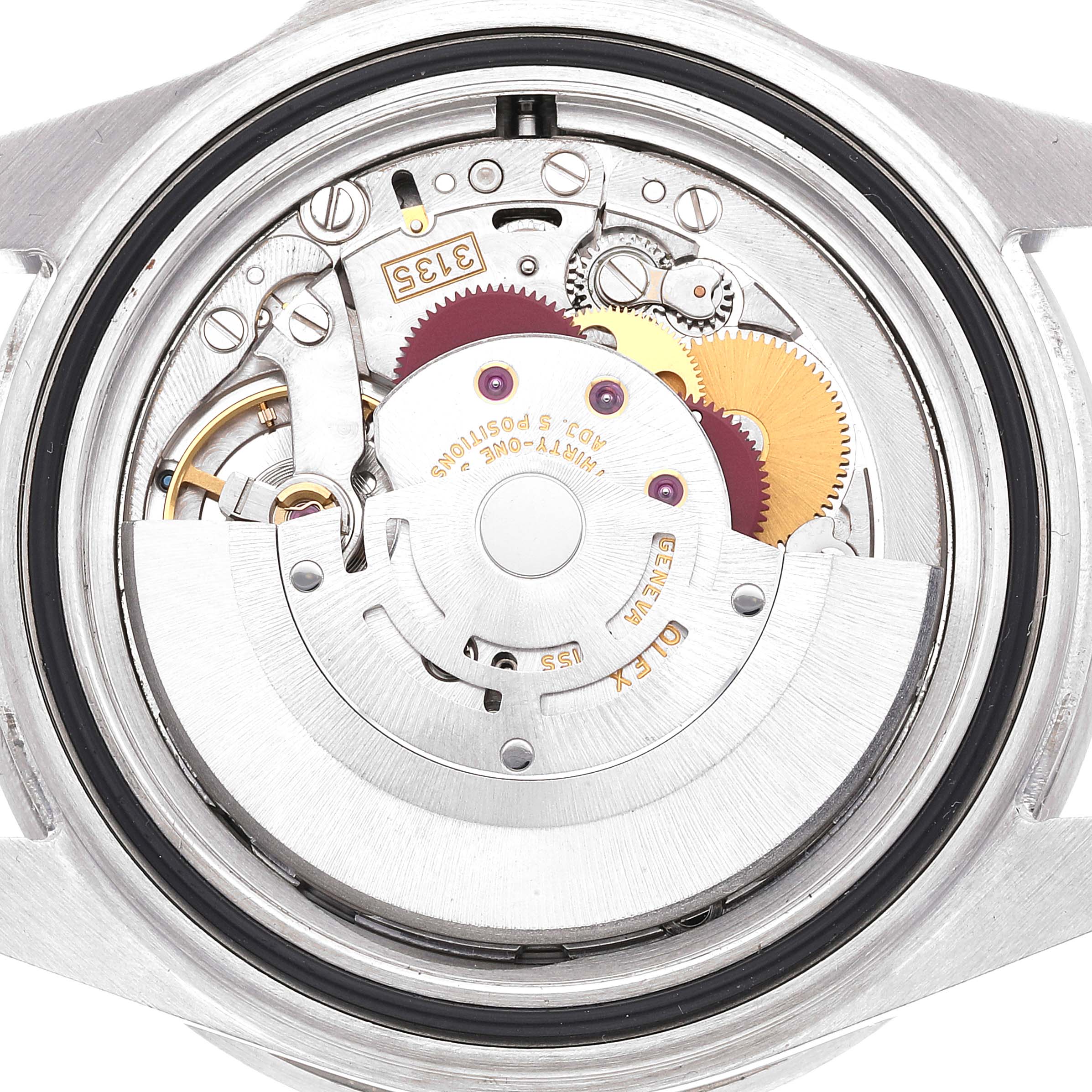 This image shows the internal mechanical movement of a Rolex Submariner 16610 Men's Stainless Steel Black Dial 16610 Men's Stainless Steel Black Dial watch from a straight-on angle.