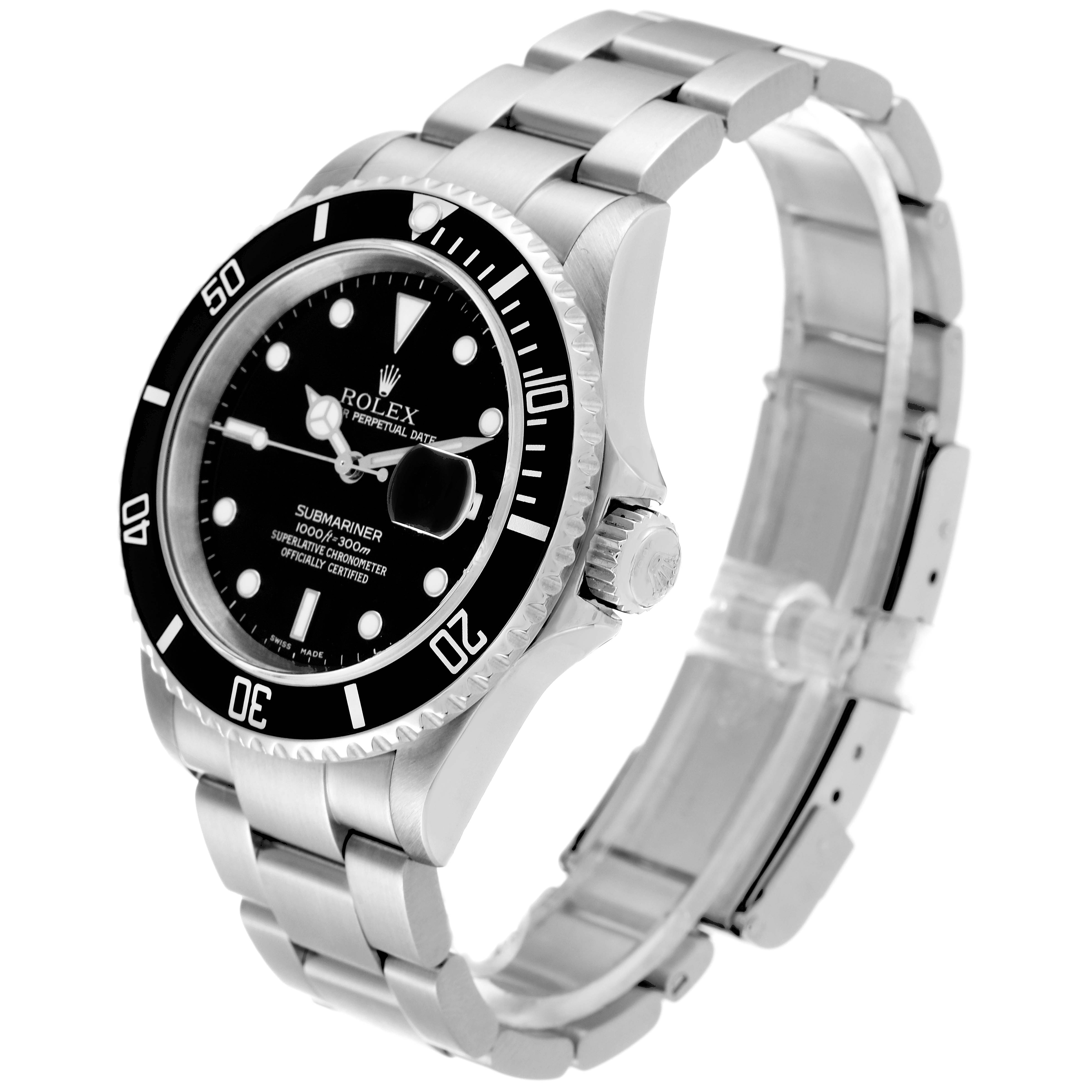 This Rolex Submariner 16610 Men's Stainless Steel Black Dial 16610 Men's Stainless Steel Black Dial watch is shown at a tilted angle, highlighting the dial, bezel, bracelet, crown, and part of the clasp.