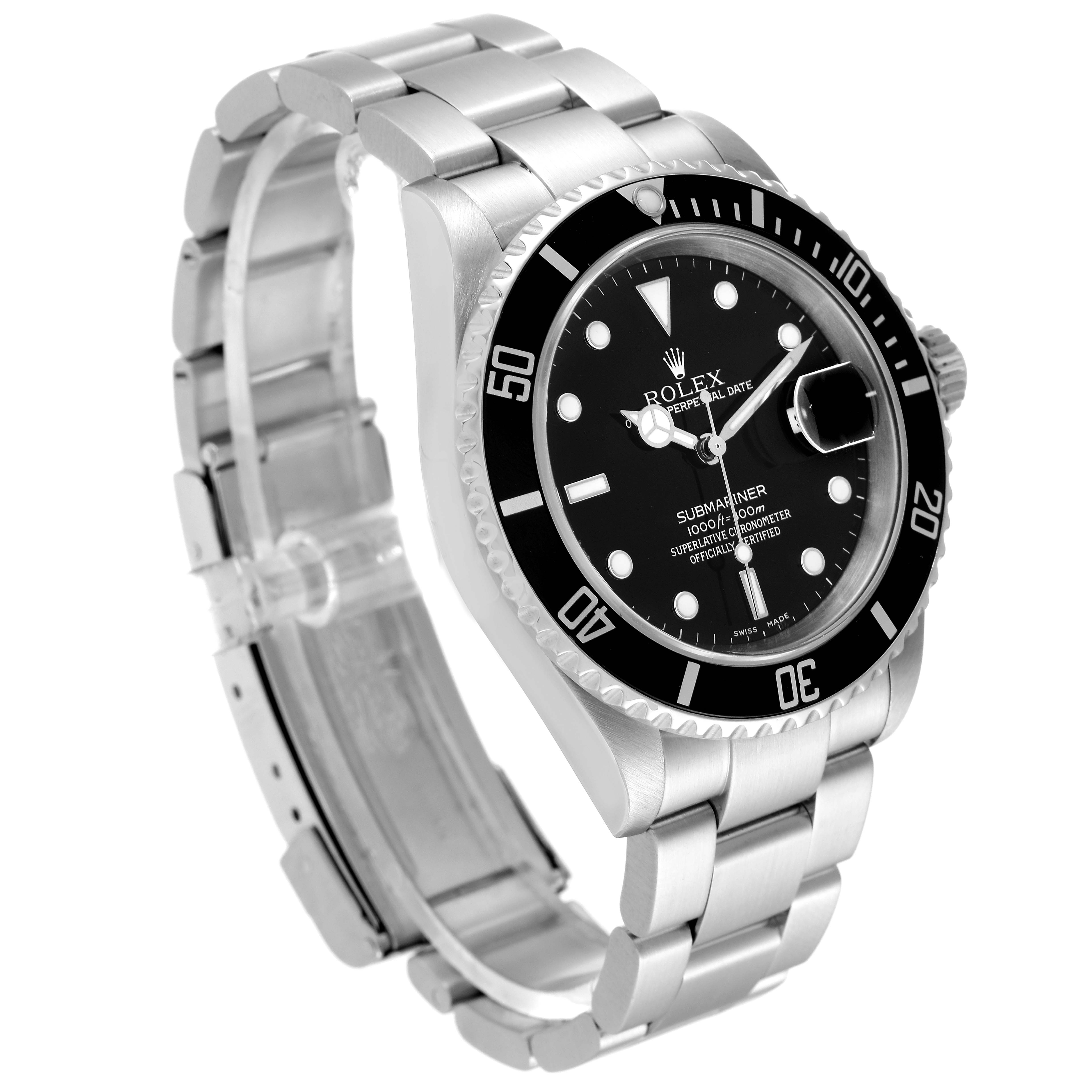 This Rolex Submariner 16610 Men's Stainless Steel Black Dial 16610 Men's Stainless Steel Black Dial watch is shown at a slight angle, displaying its stainless steel bracelet, black dial, and rotating bezel.