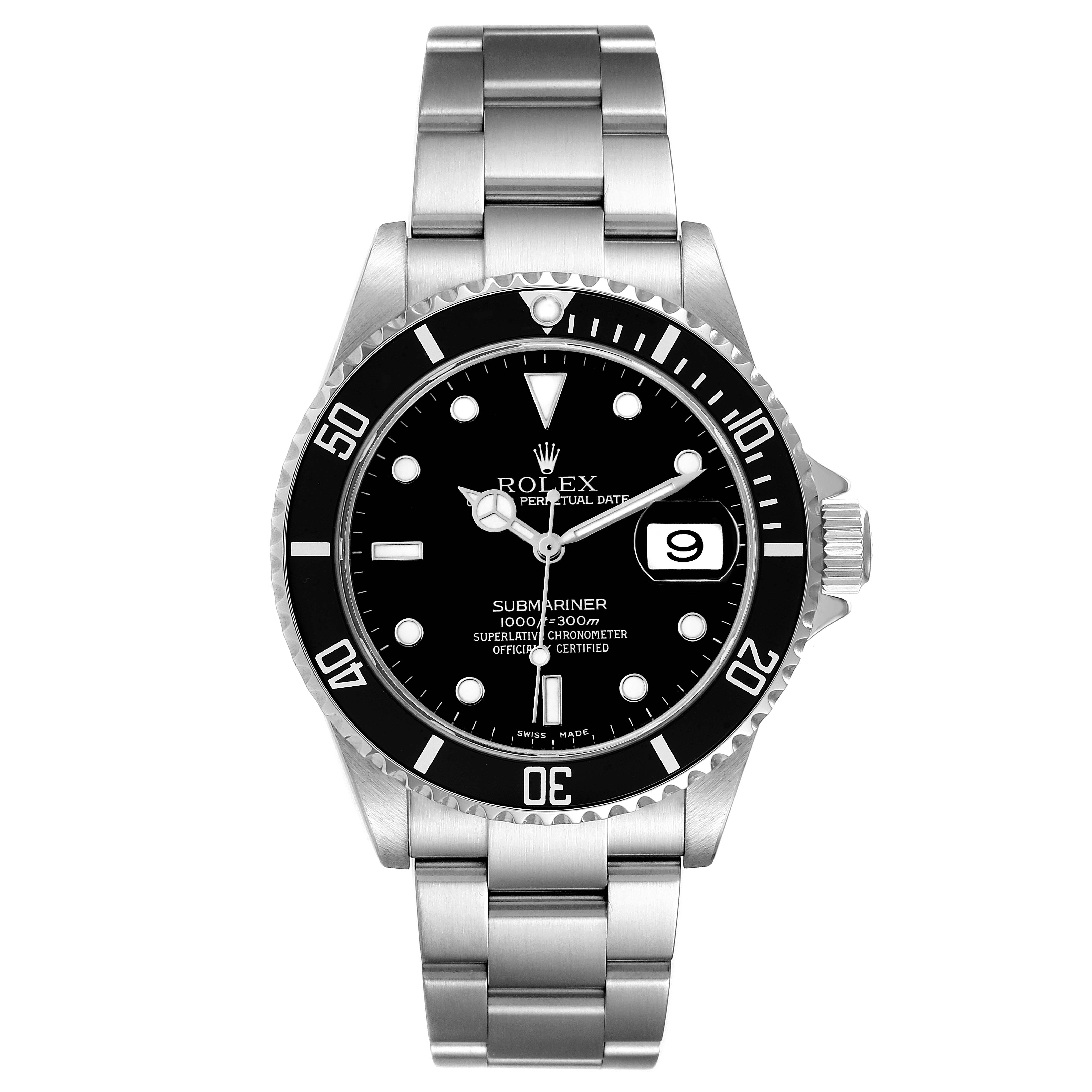 The image shows a front view of a Rolex Submariner 16610 Men's Stainless Steel Black Dial 16610 Men's Stainless Steel Black Dial watch, displaying its face, bezel, and stainless steel bracelet.