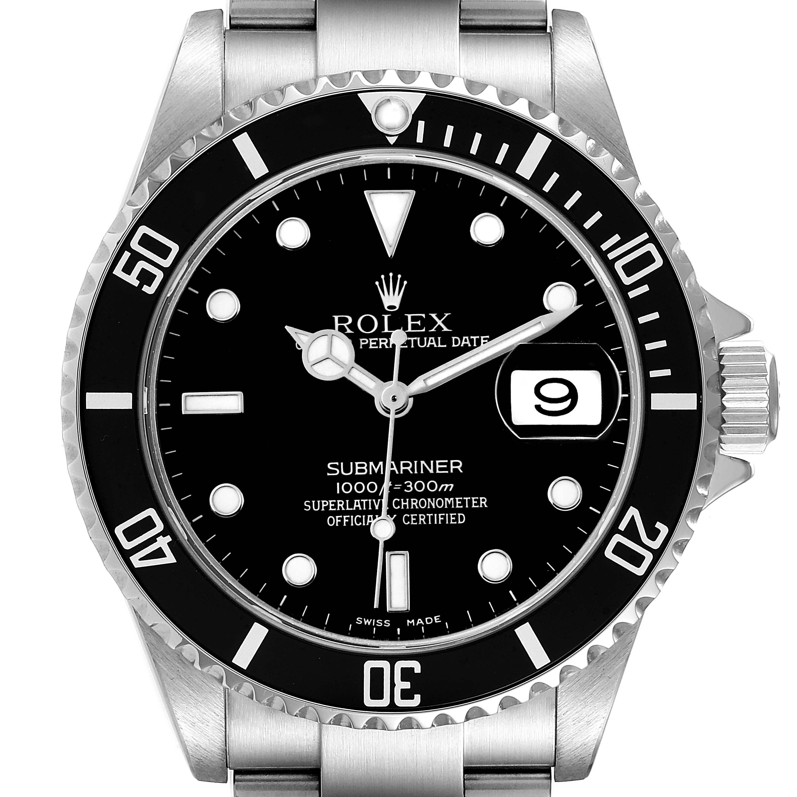 The image shows a front view of a Rolex Submariner 16610 Men's Stainless Steel Black Dial 16610 Men's Stainless Steel Black Dial watch, highlighting its dial, bezel, and date window.