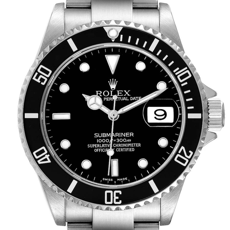 The image shows a front view of a Rolex Submariner 16610 Men's Stainless Steel Black Dial 16610 Men's Stainless Steel Black Dial watch, highlighting its dial, bezel, and date window.