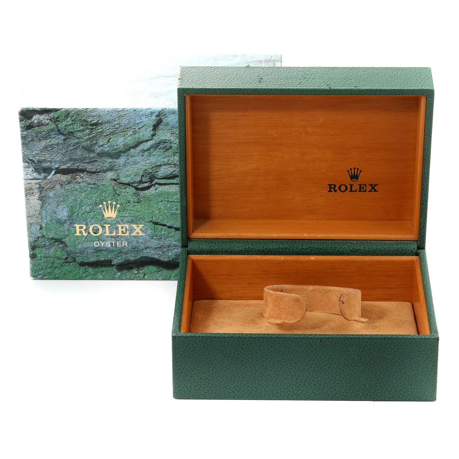 The image shows a Rolex Submariner 16610 Men's Stainless Steel Black Dial 16610 Men's Stainless Steel Black Dial watch box and foam holder, with the box opened to display the interior.