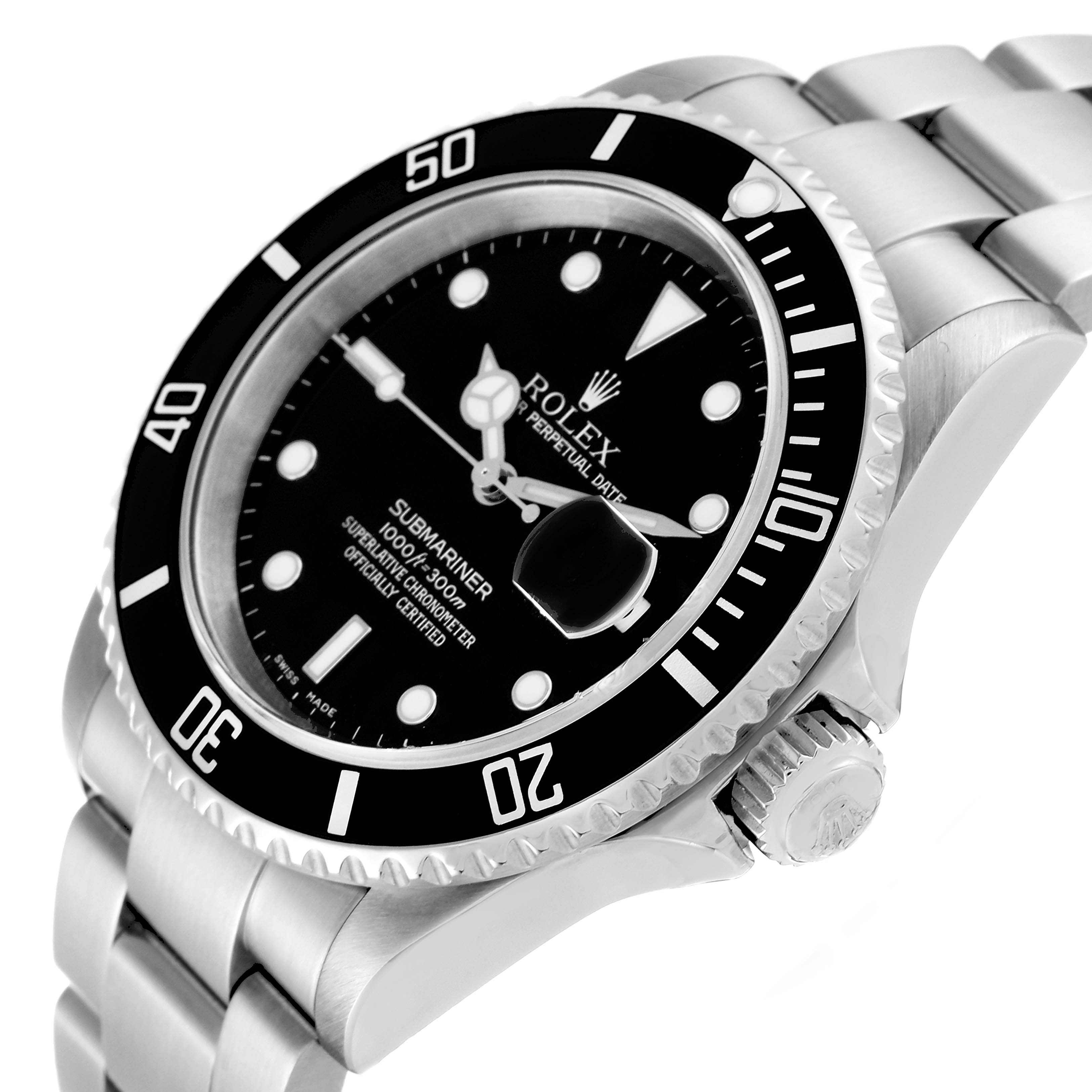 This image shows a close-up angle of the Rolex Submariner 16610 Men's Stainless Steel Black Dial 16610 Men's Stainless Steel Black Dial watch, highlighting the face, bezel, crown, and stainless steel bracelet.