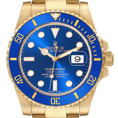 The image shows a front view of the Rolex Submariner 116618LB Men's Yellow Gold Blue Dial 116618LB Men's Yellow Gold Blue Dial watch, displaying its blue dial, blue bezel, date window, and gold casing.