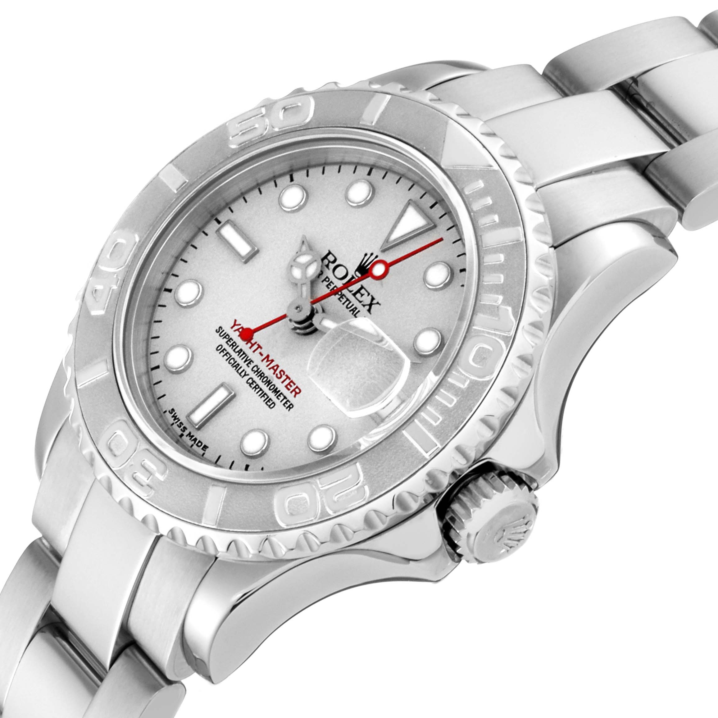The Rolex Yacht-Master 169622 Women's Stainless Steel Silver Dial 169622 Women's Stainless Steel Silver Dial watch is shown at a three-quarter angle, highlighting the dial, bezel, crown, and part of the bracelet.