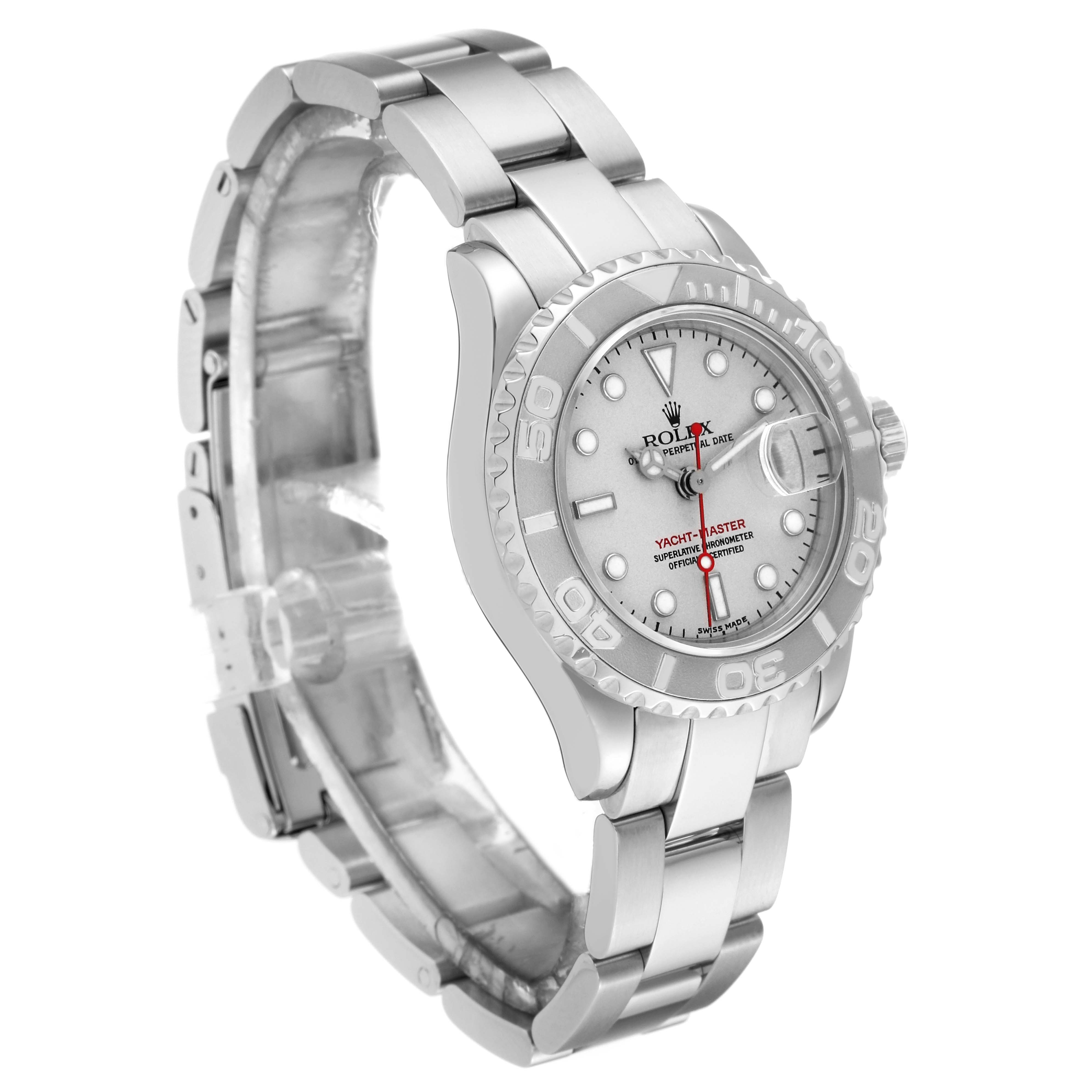 The Rolex Yacht-Master 169622 Women's Stainless Steel Silver Dial 169622 Women's Stainless Steel Silver Dial watch is pictured at a three-quarter angle, showing the dial, bezel, case, and bracelet.