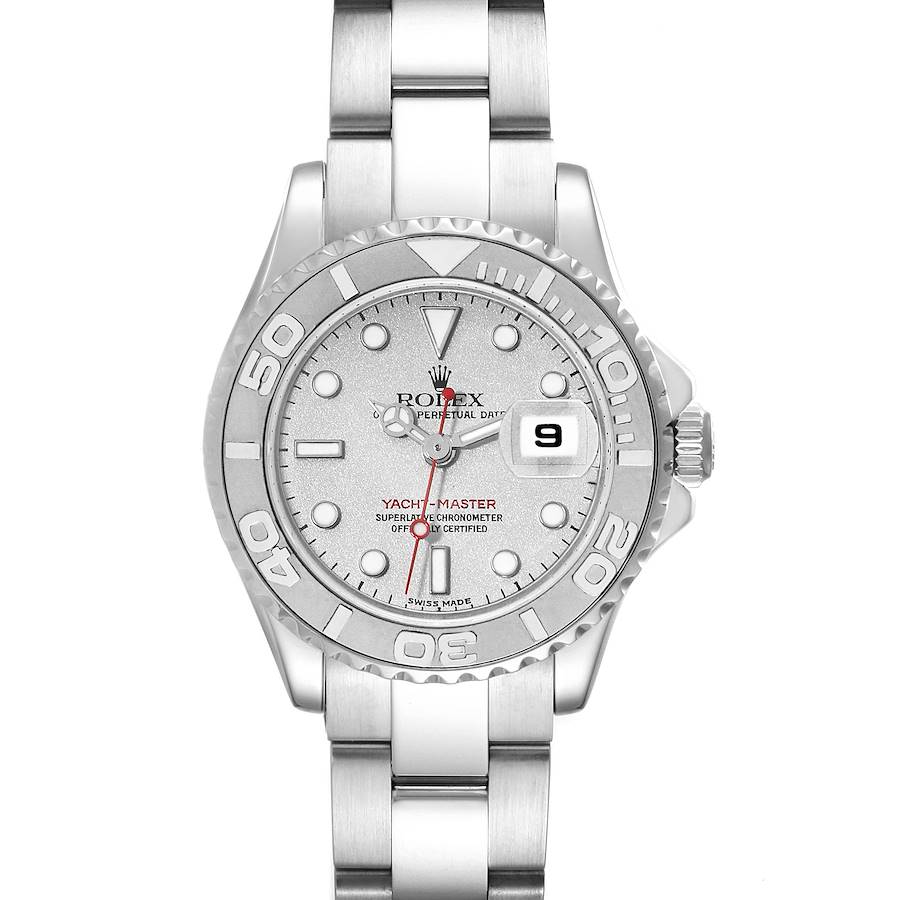 The image shows a front view of the Rolex Yacht-Master 169622 Women's Stainless Steel Silver Dial 169622 Women's Stainless Steel Silver Dial watch, highlighting its face, bezel, and bracelet.