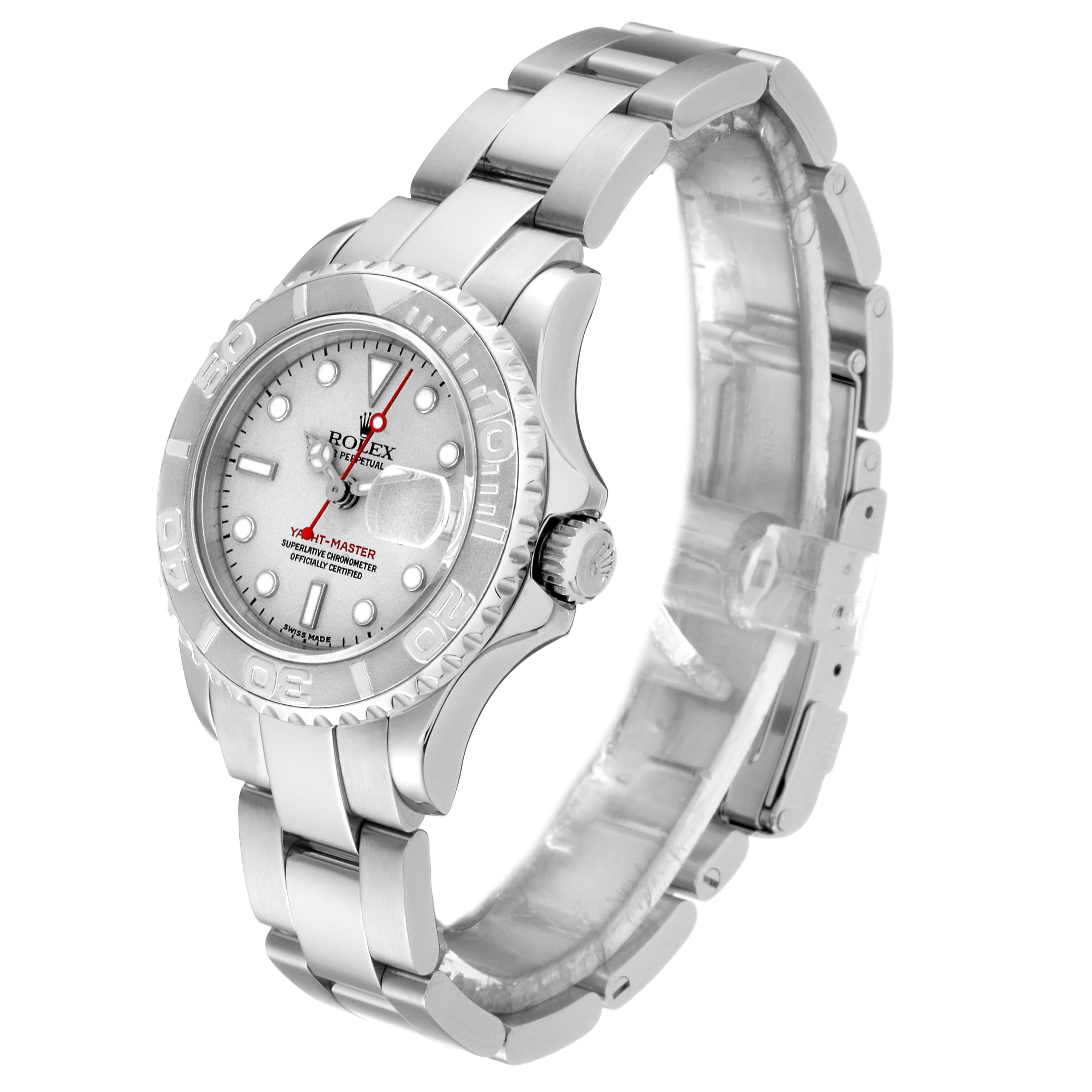 This image shows a Rolex Yacht-Master 169622 Women's Stainless Steel Silver Dial 169622 Women's Stainless Steel Silver Dial watch at a three-quarter angle, highlighting the face, bezel, and bracelet.