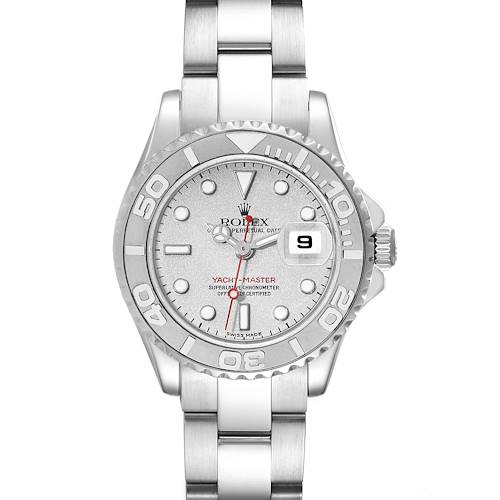 This is a front view of a Rolex Yacht-Master 169622 Women's Stainless Steel Silver Dial 169622 Women's Stainless Steel Silver Dial watch, showing the dial, bezel, bracelet, and crown.