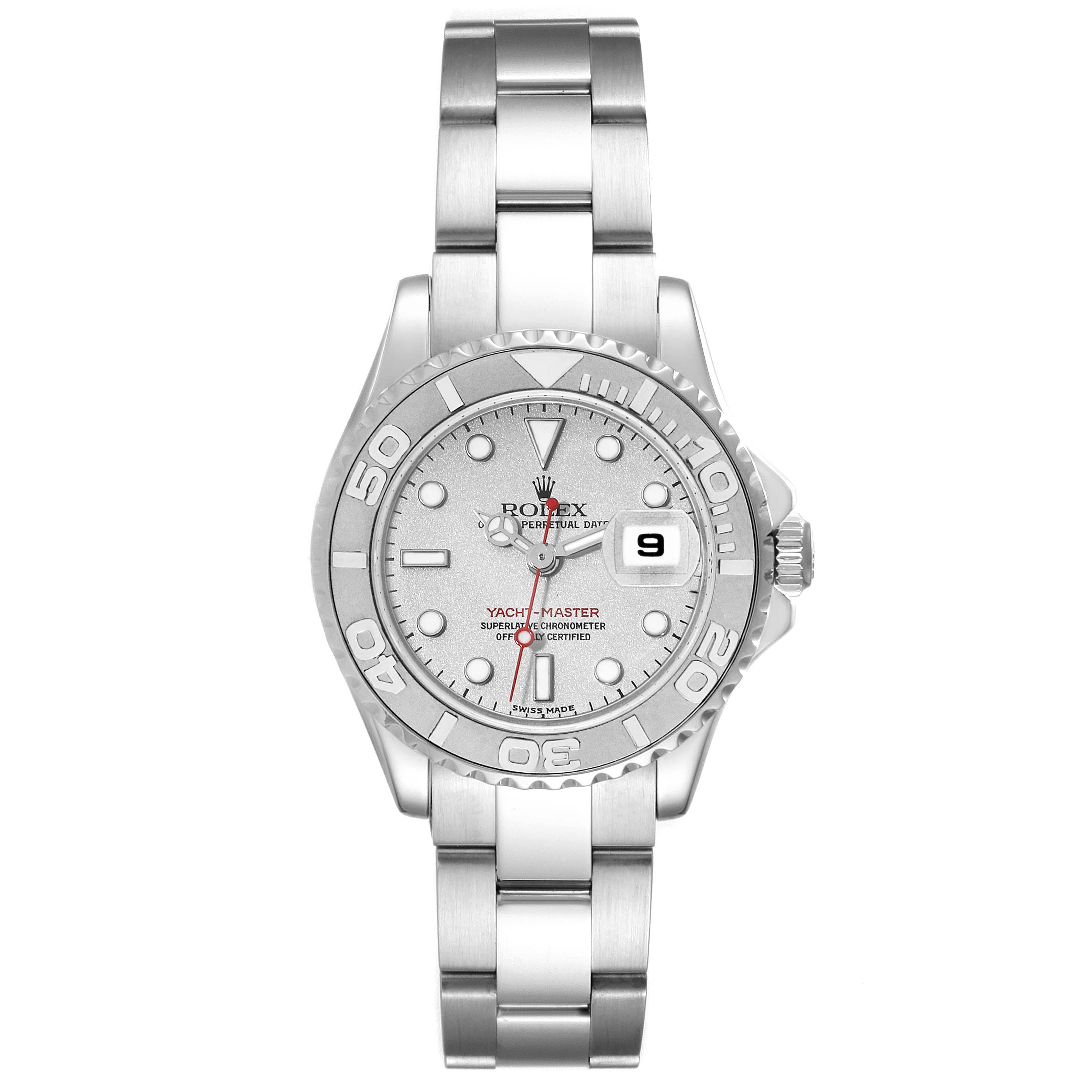The Rolex Yacht-Master 169622 Women's Stainless Steel Silver Dial 169622 Women's Stainless Steel Silver Dial watch is shown from a front angle highlighting the dial, bezel, crown, and bracelet.