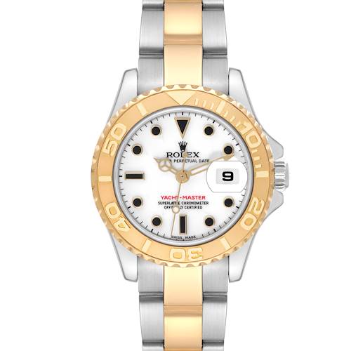 The Rolex Yacht-Master 169623 Women's Steel and Gold (two tone) White Dial 169623 Women's Steel and Gold (two tone) White Dial watch is shown from a front angle, displaying its dial, bezel, and bracelet.