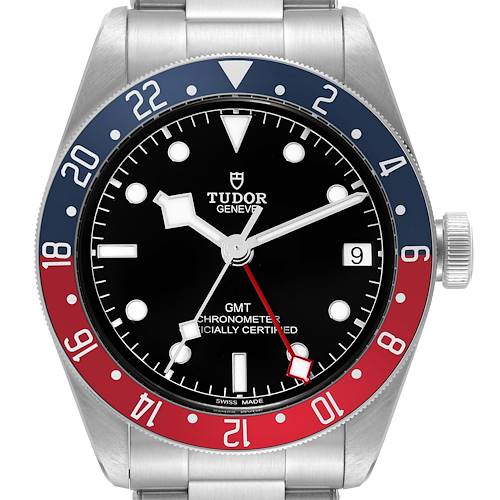 This is a frontal view of the Tudor Heritage Black Bay 79830RB Men's Stainless Steel Black Dial 79830RB Men's Stainless Steel Black Dial watch displaying the bezel, dial, hands, and part of the bracelet.