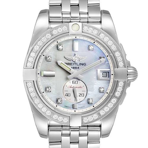 The image shows a front view of the Breitling Galactic A37330 Men's Stainless Steel Mother of Pearl Dial A37330 Men's Stainless Steel Mother of Pearl Dial model watch, highlighting its dial, bezel, case, and bracelet.
